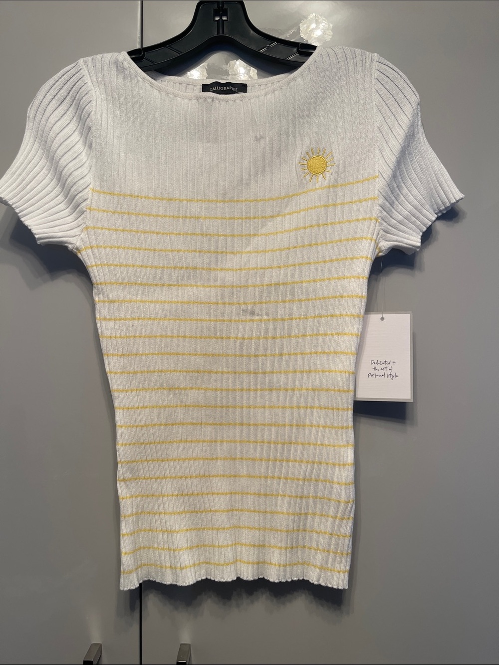 Calvin Klein White Ribbed Short Sleeve Tee with Yellow Sun Embroidery